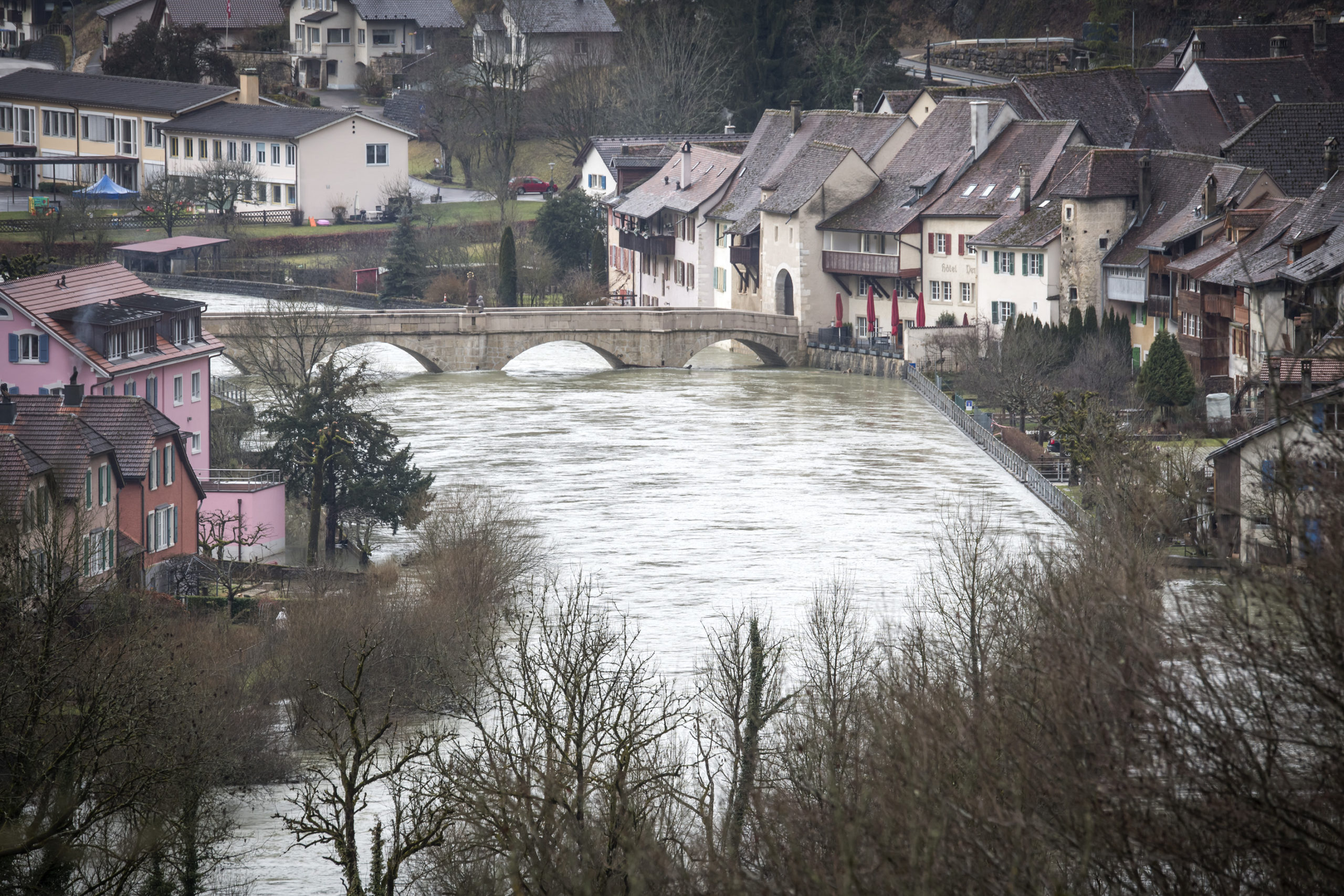 01.02.2021, Saint Ursanne, Crue du Doubs et inondations a Saint Ursanne dans le JuraPhoto Jean-Guy Python