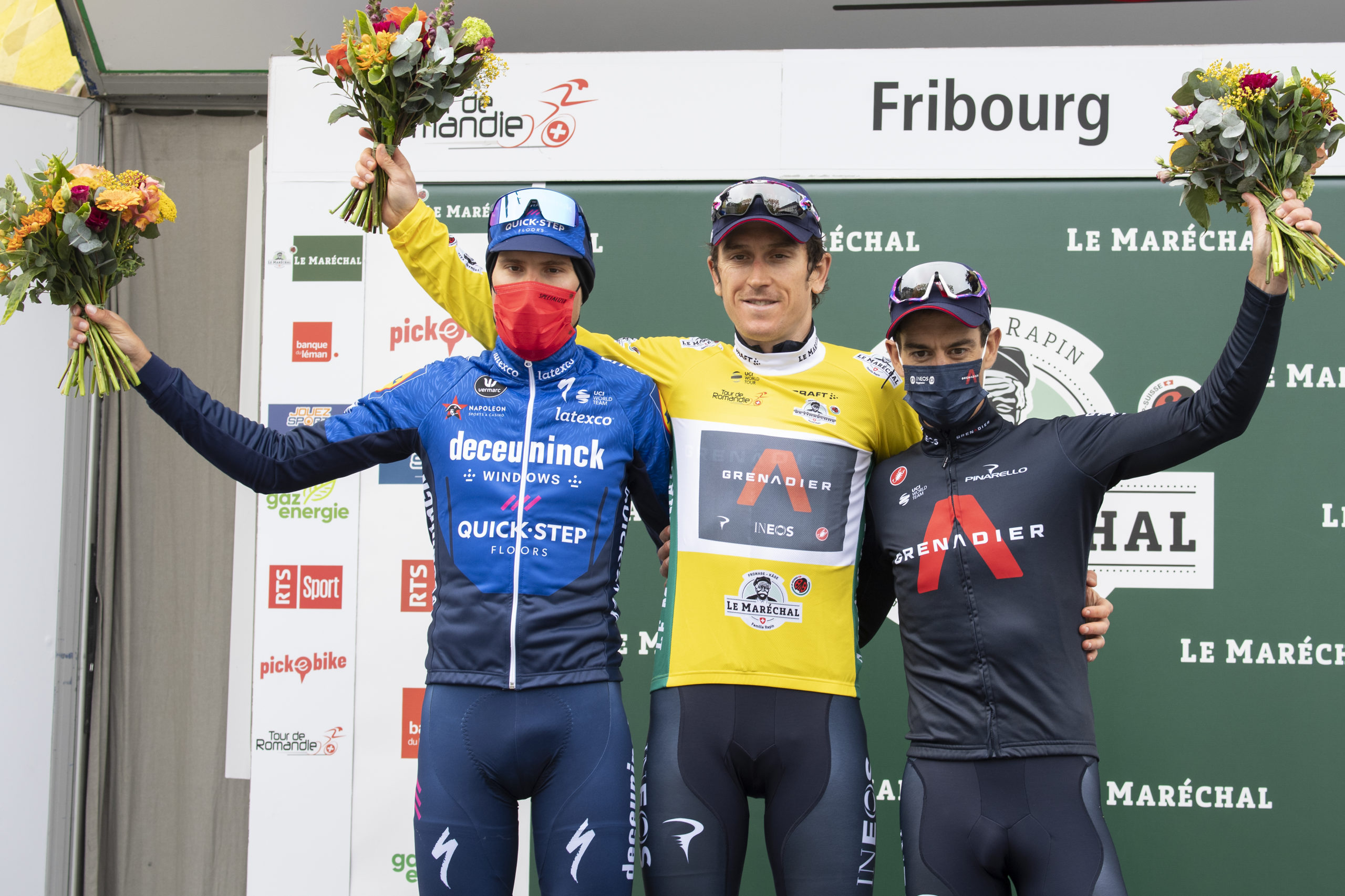02.05.2021; Fribourg; Radsport - Tour de Romandie 2021; 5 Etappe Zeitfahren Fribourg; Podium vl nr  Fausto Masnada (ITA) Geraint Thomas (GBR) Richie Porte (AUS)(Jean-Guy Python/freshfocus)